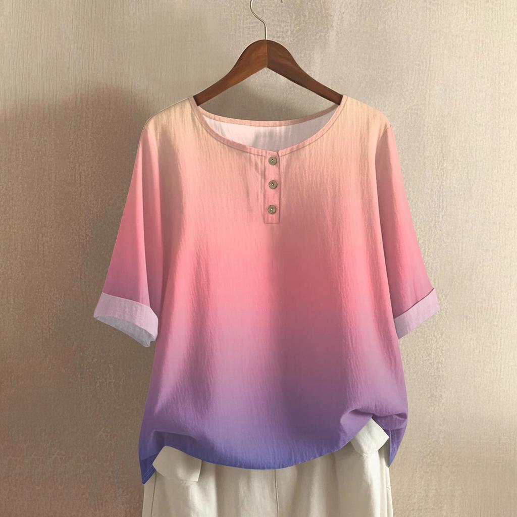 Women's Fashionable And Casual Shirt Half-sleeve Round Neck Print Cotton And Linen Blouse Top