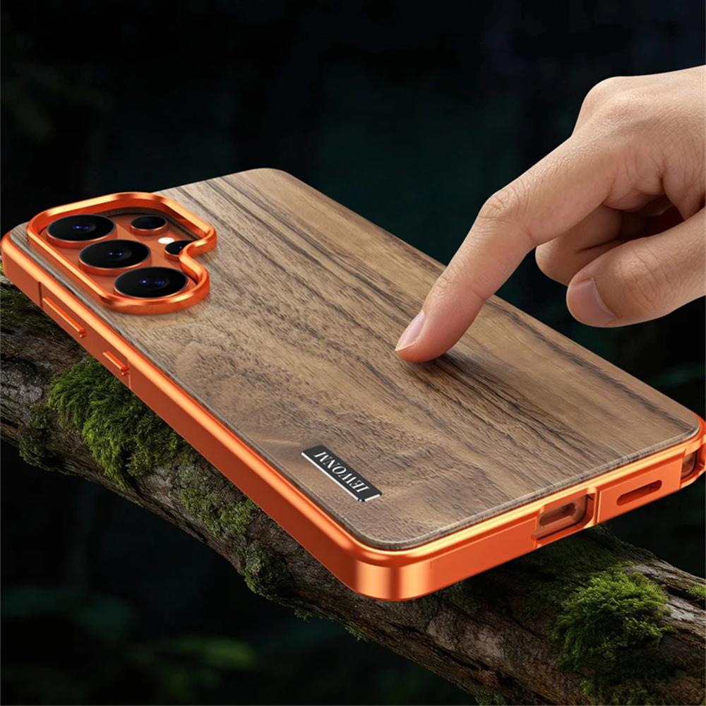 Luxury Alloy Solid Wood Back Panel Hybrid Phone Case For Samsung Galaxy S26 S25 S24 Ultra Aluminum Alloy For Magsafe Wireless Charging Cover