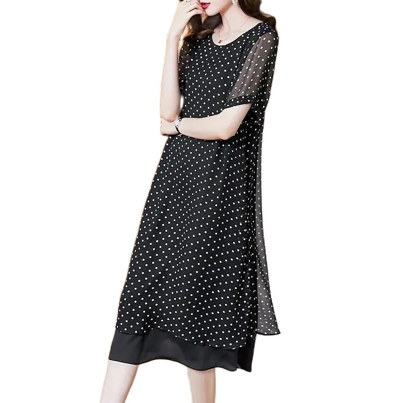 Summer Simple Style Light Mature Style Round Neck Polka Dot French Loose Relaxed Short Sleeve Celebrity Foreigner Dress