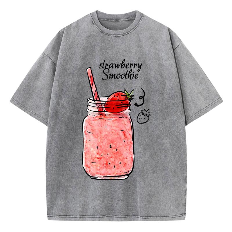 Strawberry Smoothie Print Washed TShirts Womens Cotton Tops Comfortable Distressed ONeck T Shirts Summer Casual Woman Clothes