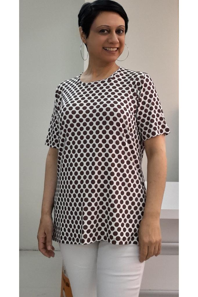 Damen Stil Übergröße T-Shirt Braun mit Polka Dots Kurzarm gekämmte Baumwolle Viskose T-Shirt