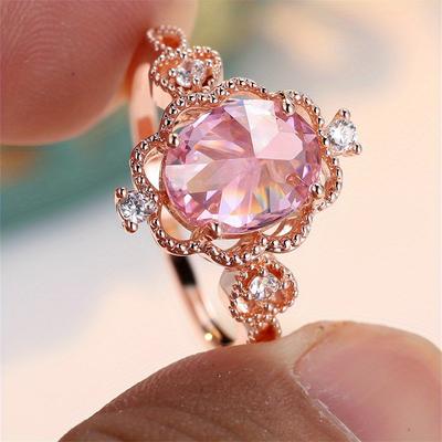 1 Pair Rose Golden Color Oval Cut Pink Stone Crown Ring Wedding Band Valentine's Day Mother's Day Jewelry