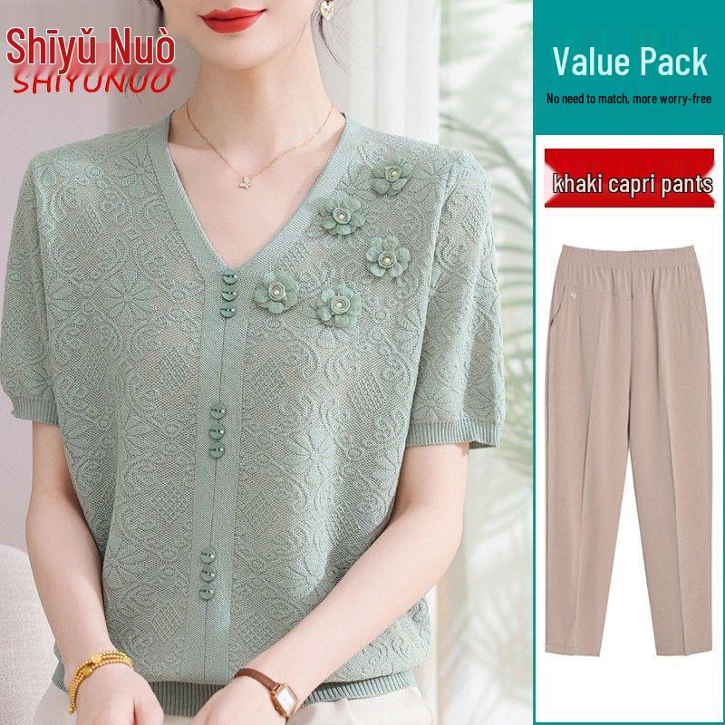 Summer 2026 Ice Silk Blouse: Fashionable Short-Sleeve for Middle-Aged and Elderly Women