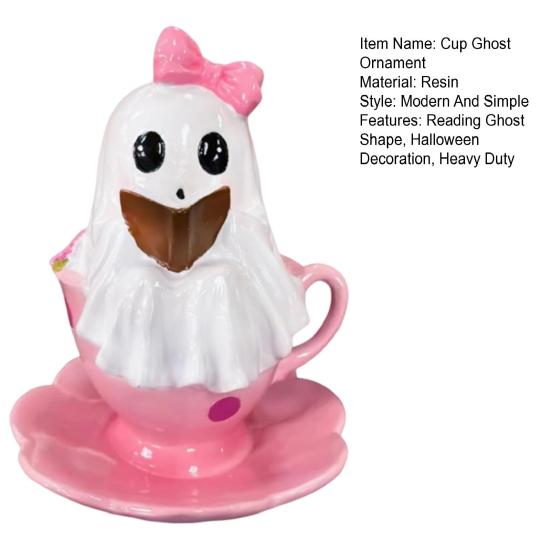 1/2Pcs Halloween Reading Ghost Figurine Pink Teacup Ghost Statue Resin Sculpture Home Office Holiday Party Desktop Decoration Ornament