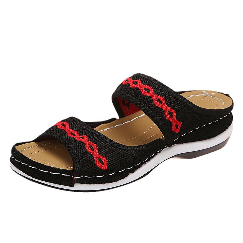 Women's Low-Heel Fly-Knit Embroidered Slip-On Sandals - Plus Size Available