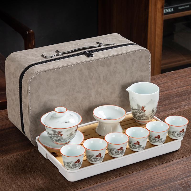 Celadon travel tea set creative kung fu ceramic cover bowl teacup tea tray full set of business gifts