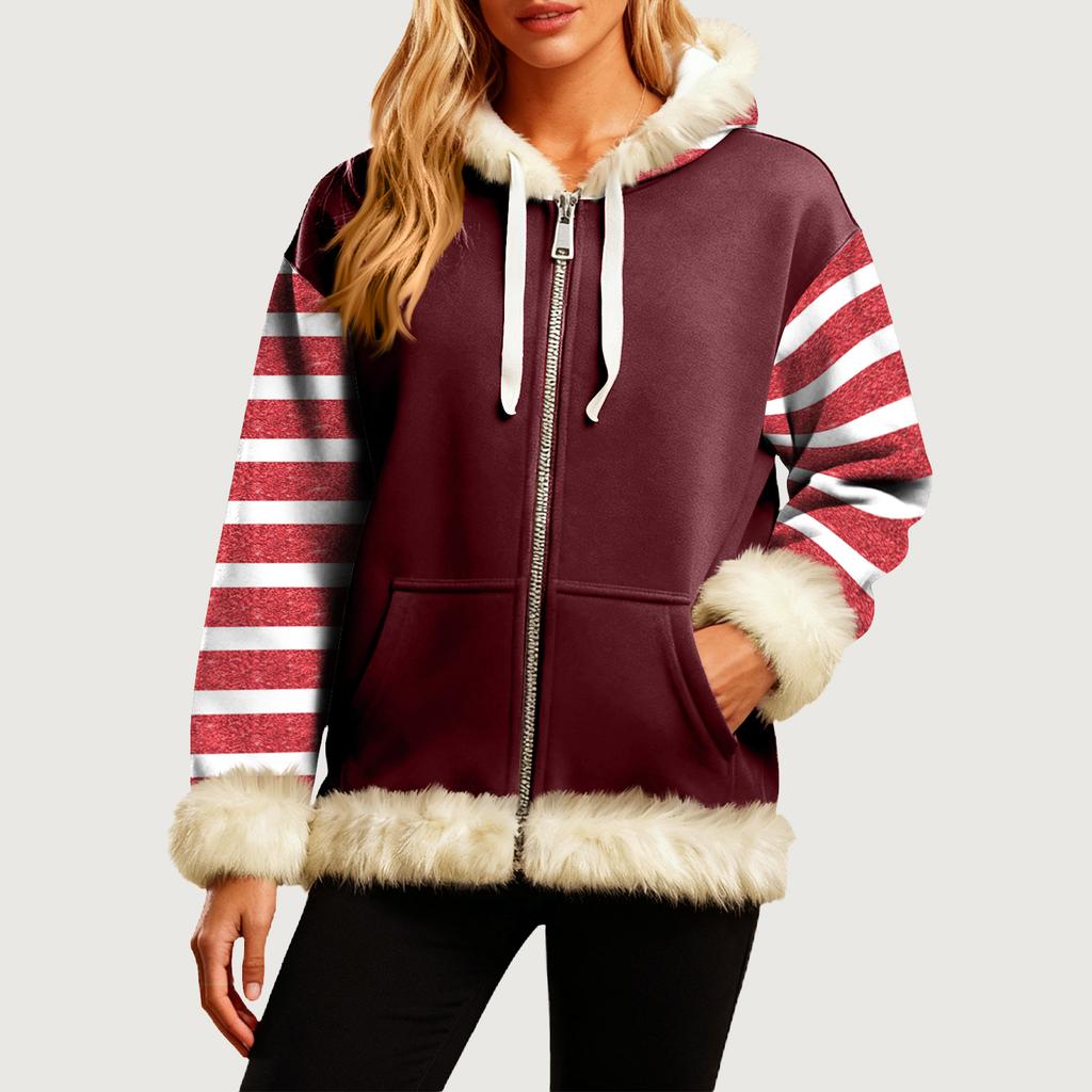 Women's Comfortable Loose Fashion Casual Striped Print Long Sleeve Pockets Hooded Sweatshirt Jacket