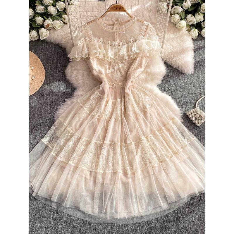 Stylish Mesh Long Dress Female 2024 Summer New Arrival Socialite Elegant Ruffle Sleeve Waist Trimming Short-Sleeved A- line Dress