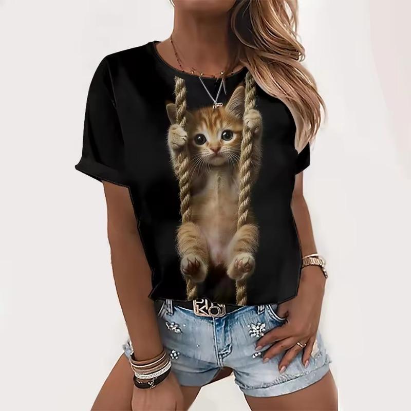 Dámské tričko s kulatým výstřihem Letní ležérní móda Top s krátkým rukávem 3D potisk kočky Zvířecí vzor Velká velikost Dámské oblečení