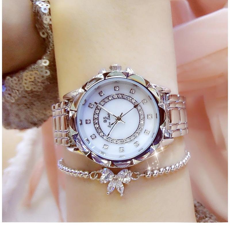 Women Watch Light Luxury Brand Steel Linked List Flower Mother Pearl Full Diamond Waterproof Ladies Fashion Quartz Clock Watches