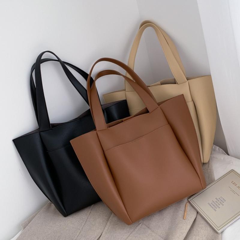 High Quality Soft Leather Woman Casual Tote Shopper Solid Color Handbags Large Capacity Single Shoulder Bag with Outer Pocket