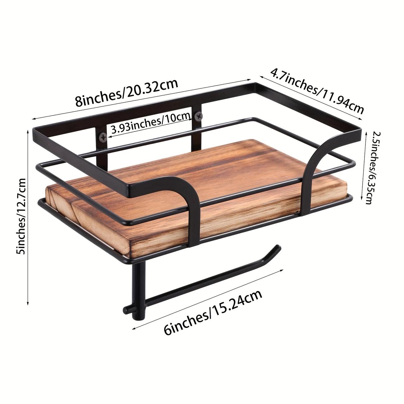 

Wall mounted forged iron tissue holder with recycled wooden storage rack - space saving bathroom organizer