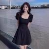 2024 High-end Hepburn Style Black Puff Sleeve Slimming Dress for Women
