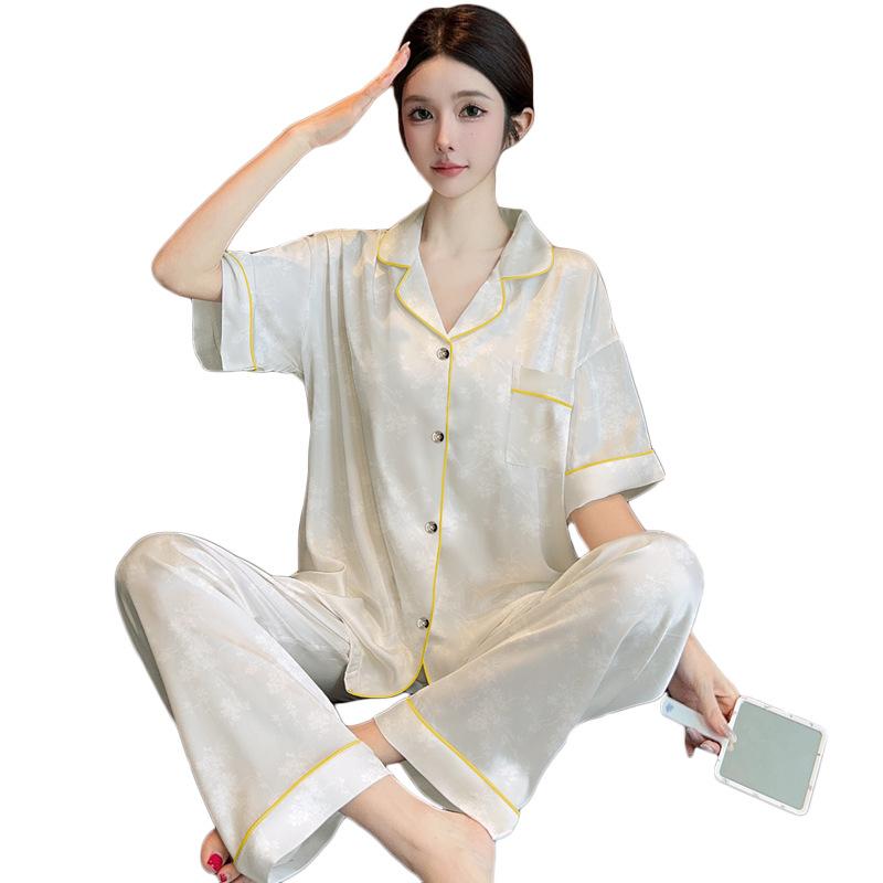 High-Value Simple Solid Color Flower Jacquard High-End Ice Silk Pajamas Women'S Loungewear Short-Sleeved Trousers Set