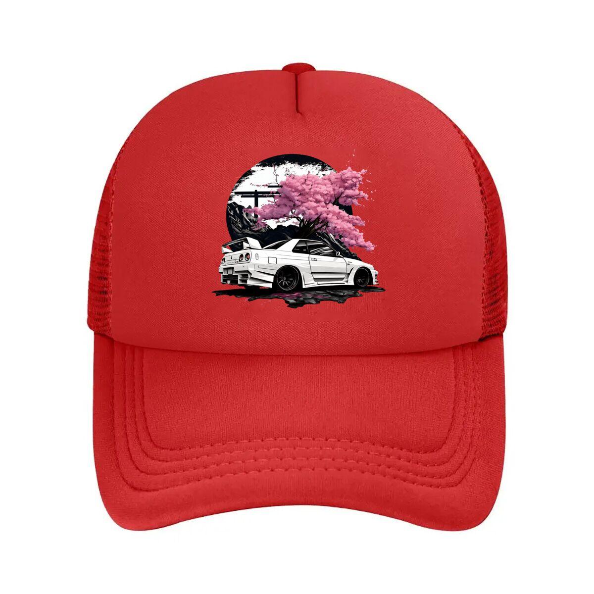 Skyline Japanese Car Cherry Blossom Mountain Art Mesh Baseball Cap Hip Hop Adjustable