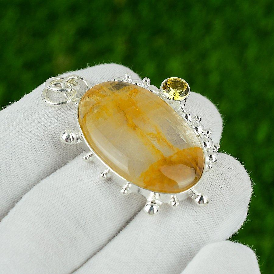 Natural Golden Rutile Gemstone Pendant 925 Sterling Silver Indian Jewelry