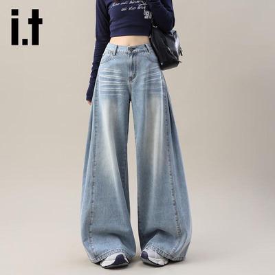 Izzue IT Damen Amerikanischer Retro Locker Gerader Weiter Bein Jeanshose