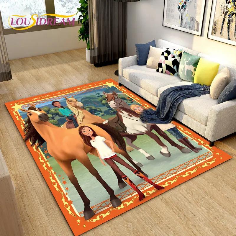 Cartoon Spirit Riding Free Horses Area Rug,Carpet Rug for Living Room Bedroom Sofa Doormat Decoration, Kids Non-slip Floor Mat