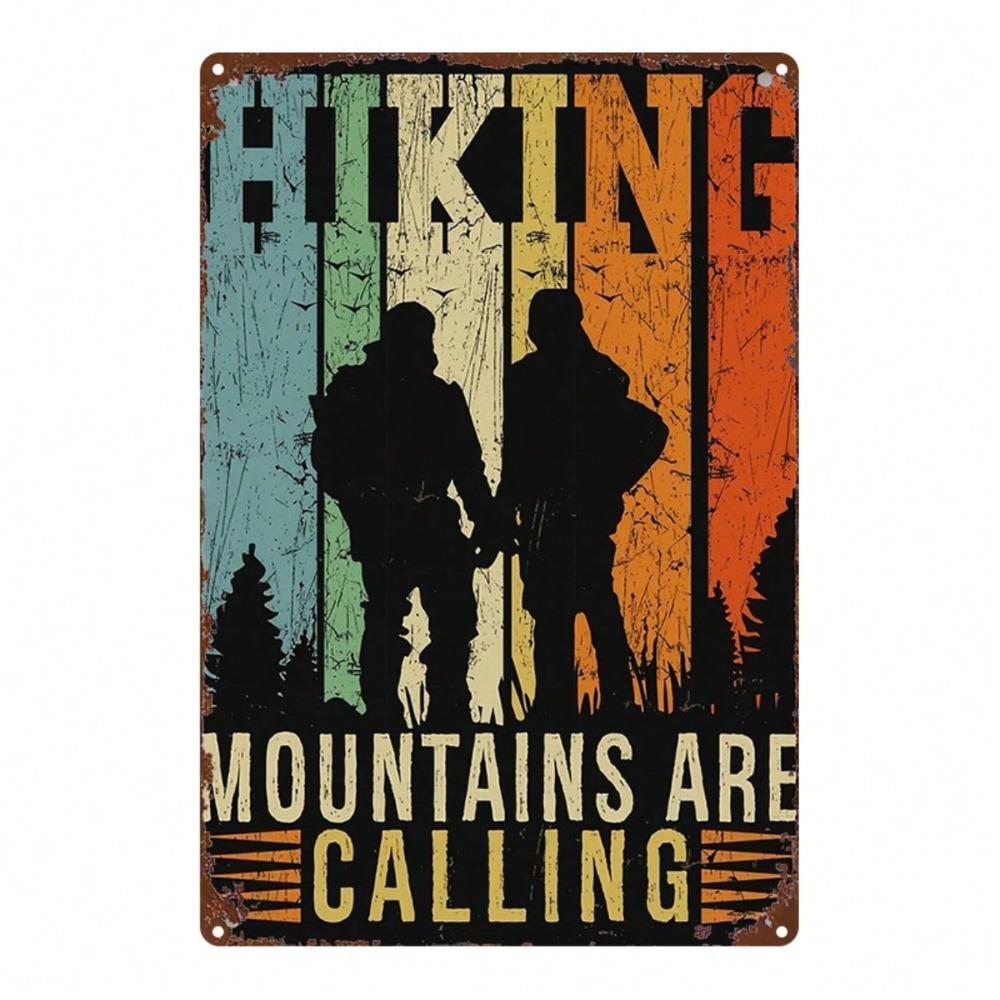 Vintage Mountains Calling Metal Wall Sign Rustic 8x12 Inch Iron Plaque Hiker Silhouette Outdoor Cabin Decor