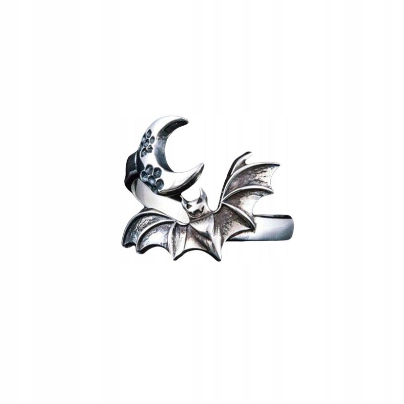 Silver Women's Adjustable Ring Universal Bat And Moon