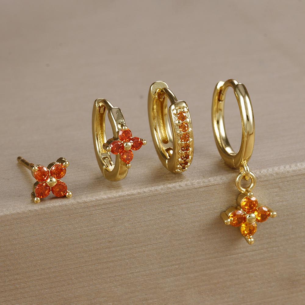 4pcs Fashion Cubic Zirconia Flower Hoop Earrings Set 18K Gold Plated Stainless Steel Stud Earring Piercing Jewelry Aretes Mujer