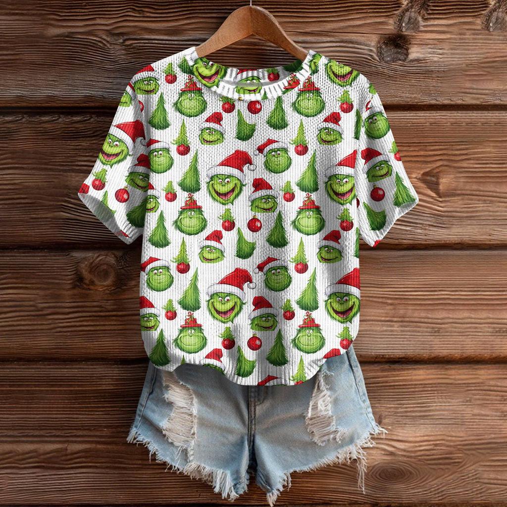 Women's Cute Sweater Knitted Fashion Casual Round-neck Short-sleeved  Cozy Print Top