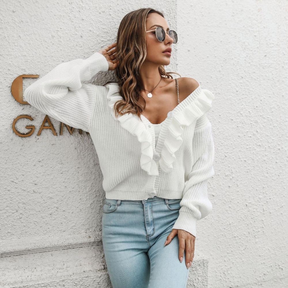 GMXIA Women's Fashion Casual Solid Color Print Autumn Winter Long Sleeve V-Neck Loose Sweaters