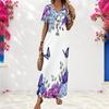 Women Plus Size V Neck Short Sleeve Floral Butterfly Print White Straight Long Dress