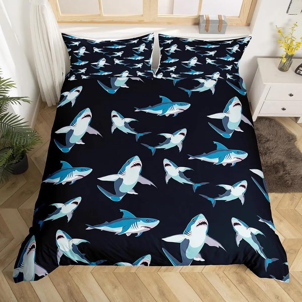Shark Fish Print Soft Duvet Cover Set Lovely Underwater Animals Premium Soft Beding Set Children Tens Adult Peoples Blue Warm Comforter Cover Sets