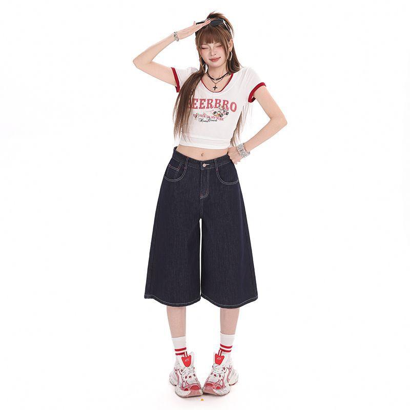 Fashion Denim Dark Blue High Waist Loose Wide Leg Cropped Capri Denim Pants For Women Trendy Versatile Slimming FigureFlattering Casual Capri Trousers