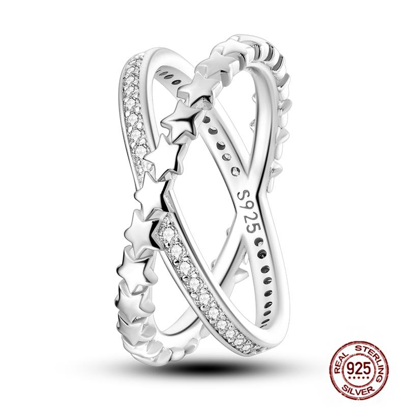 Shine Women koppar Fingerringar 925 Sterling Hjärta Krona Glöd Eldfluga Stjärna Sol Tusensköna Stapelbar Originalring Årsdag Zirkon