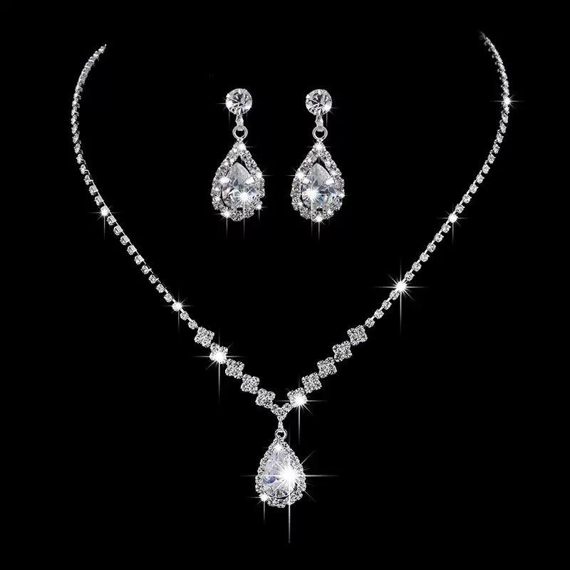 Bright Diamond Zircon Water Drop Necklace Earrings Bridal Wedding Accessories, Dinner Party Shooting Jewelry Set Female 2026 45CM серебряный