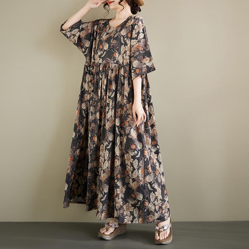 DIMANAF 2026 New Plus Size Spring Summer Beach Vintage Lady Long Dress Women Loose Oversize Maxi Floral Print