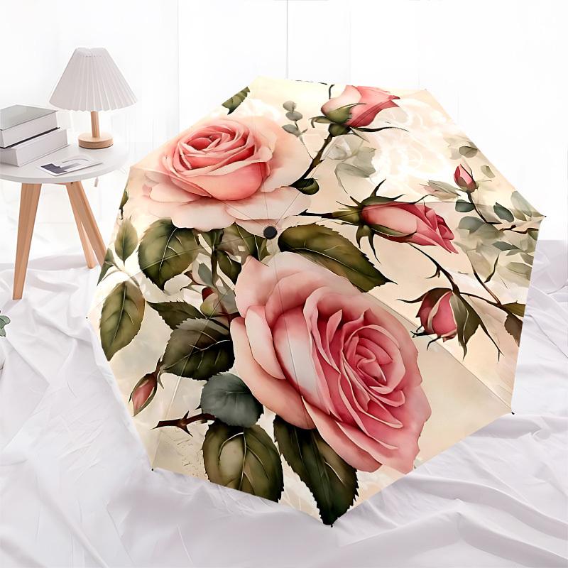 1pc Rose Floral Umbrella with 8 Iron Ribs and a Plastic Handle, Automatic Opening and Closing, Portable and Foldable1095
