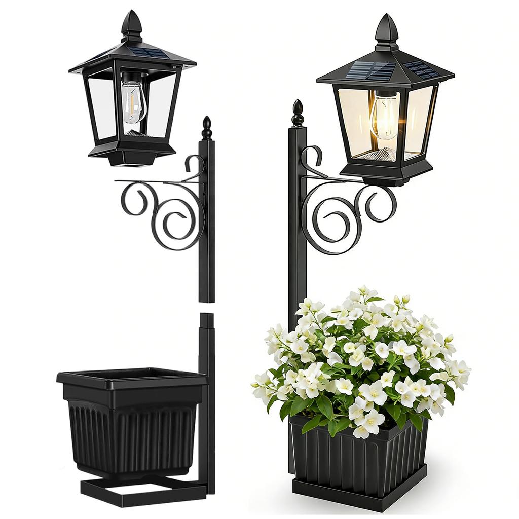 2 In 1 Outdoor Solar Lamp Post Light With Flower Planter, IP54 Metal Street Light Freestanding & Wall Mount Decorative Planter Lamp For Front Door