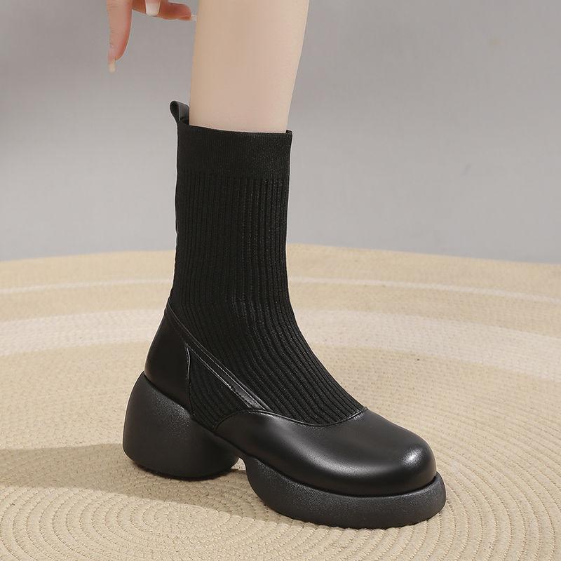 Fashion Chunky Women's Ankle Sock Boots Elastic Booties Platform Female Short Shoes Comfortable and Elegant Sale Hot Winter 2024 Pu Boot