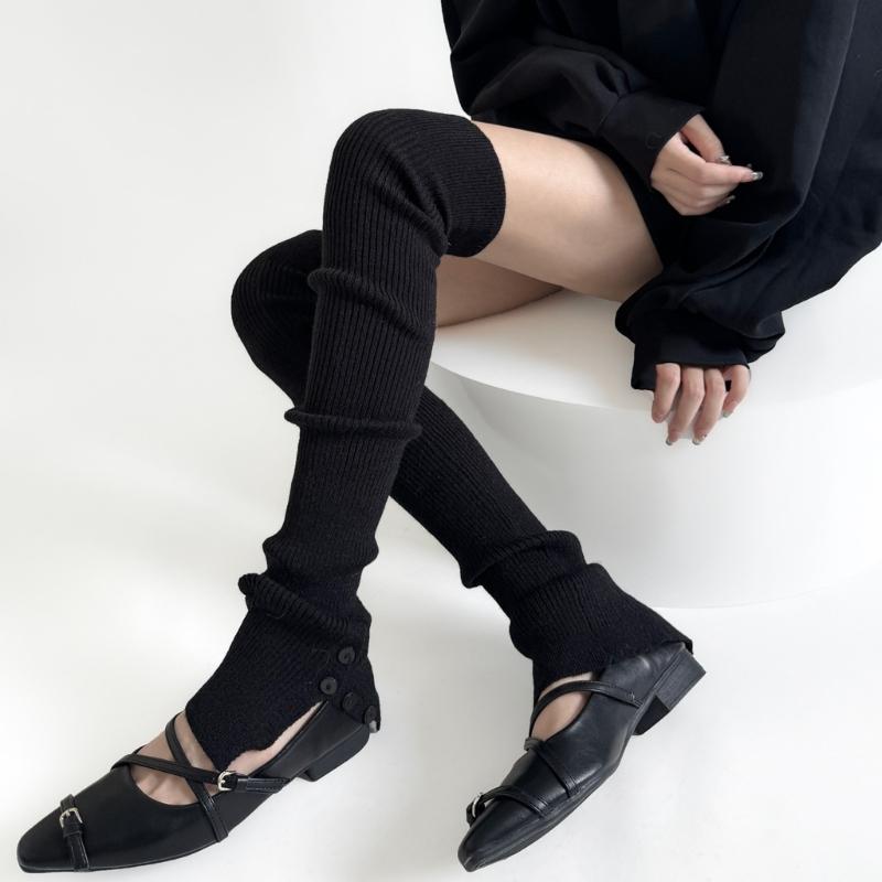 Japanese Ballet Styles Thigh High Leg Warmer Ribbed Knitted Split Buttons Over Knee Footless Socks for Fashionable Women