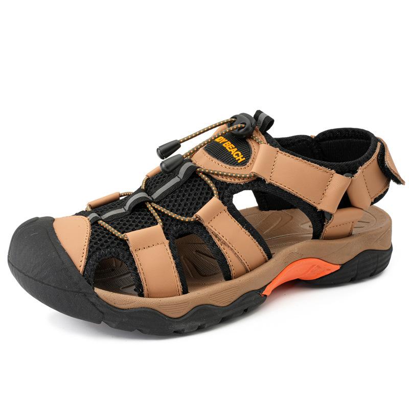 

Popular large size first-layer cowhide bag head sandals summer thick-soled sports hollow wading leather sandals 48 хаки