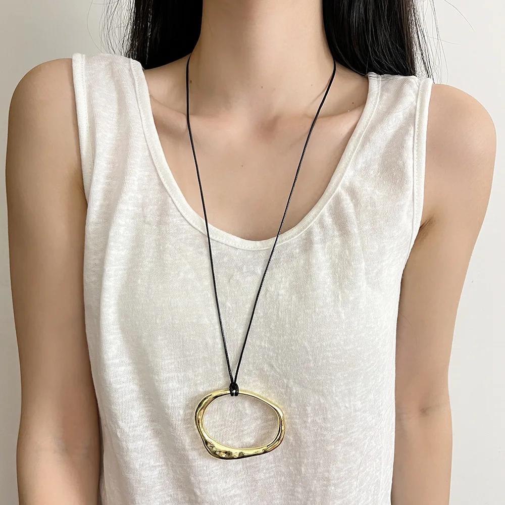 Luxury Irregular Pendant Long Leather Rope Necklace for Women Female Vintage Geometric Adjustable Versatile Sweater Chain