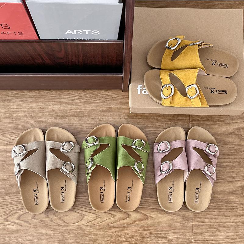 Fashion Flat flip-flops women's summer new round toe open-toe metal belt buckle one-foot slip-on lazy wear beach sandals and slippers