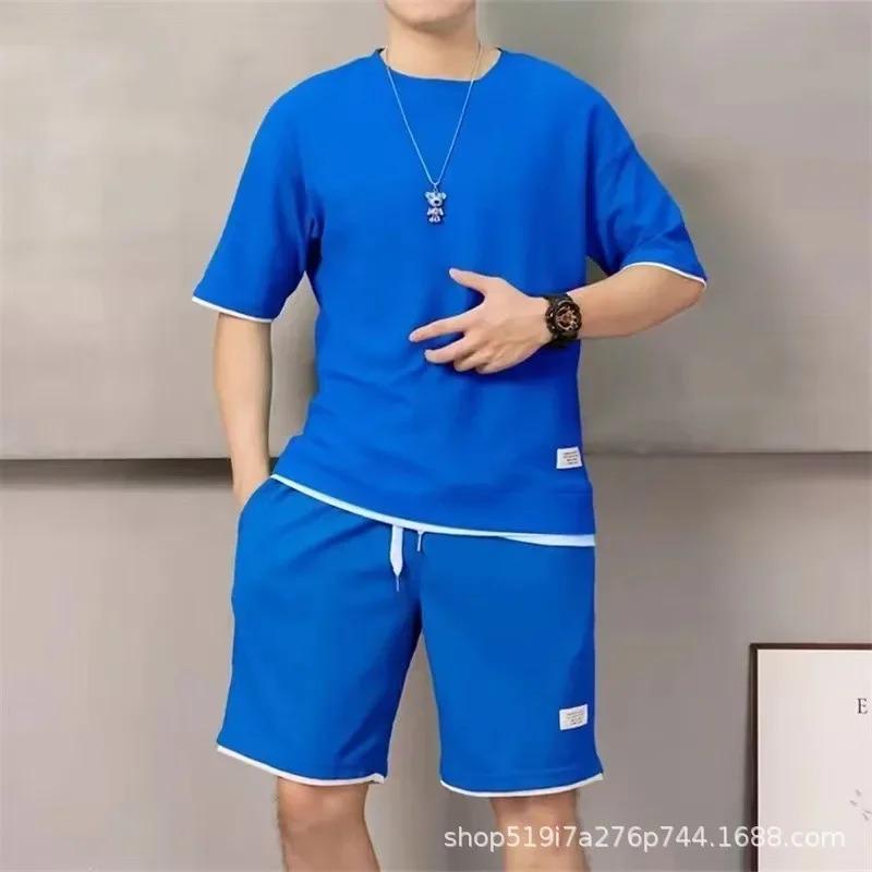 New Waffle Suit Men's Summer Explosion Short-sleeved T-shirt Men's Fake Two-piece Five-point Pants Suit Spot Batch Ropa