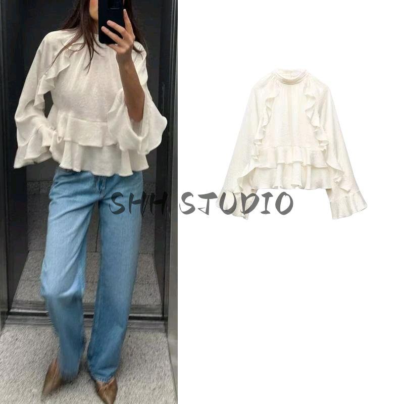 Spring New Women's Clothing American Retro Casual Stand Collar Long Sleeves Laminated Decoration Shirt Tops 2234900