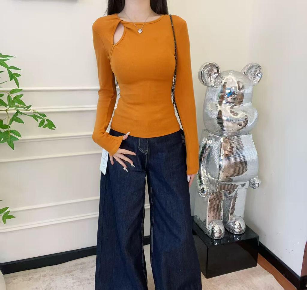 Women's Slimming White Long Sleeve T-Shirt - Hollow Round Neck, Drop Shoulder, Early Spring 2025 Collection