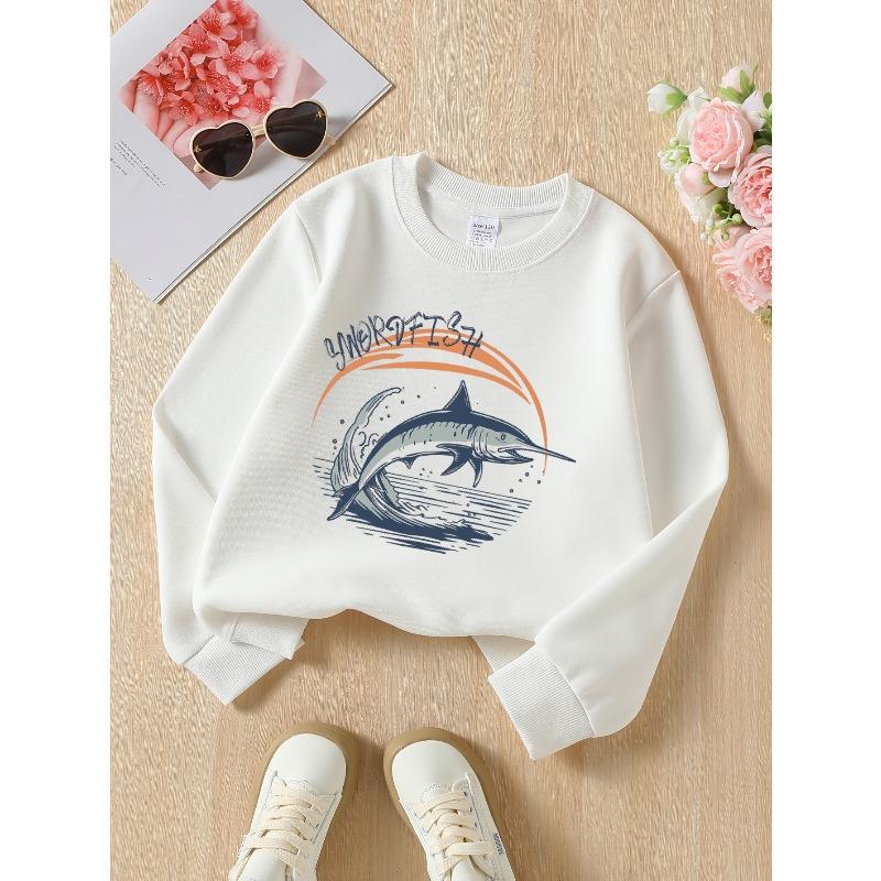 European Sizes Crew Neck Fashion Sweatshirt with Swordfish Jumping Over Ocean Waves, Autumn Winter Long-Sleeved Top for Young Girls.