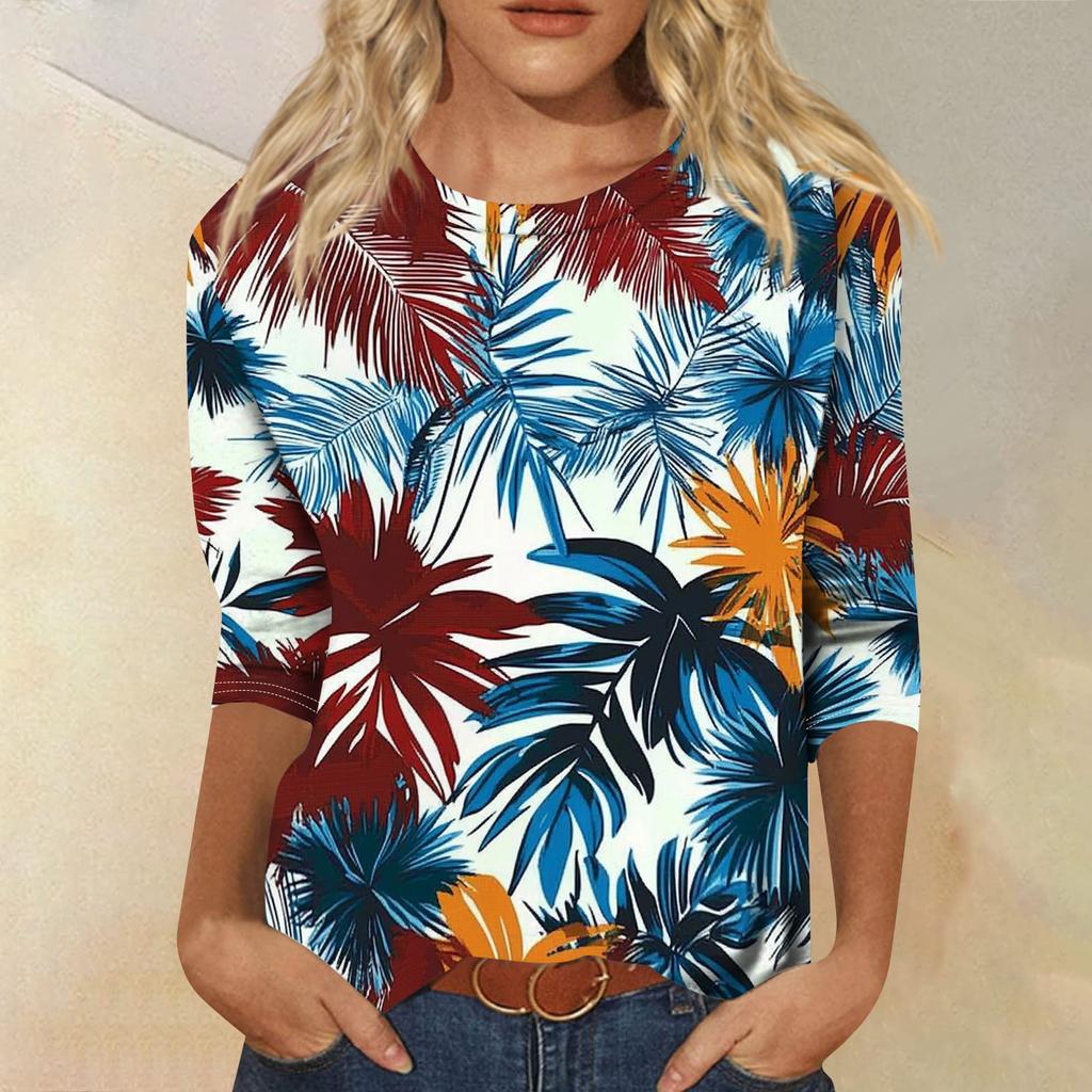 Módní vintage top s 3/4 rukávem pro ženy, dámská ležérní halenka s tříčtvrtečním rukávem a kulatým výstřihem s potiskem