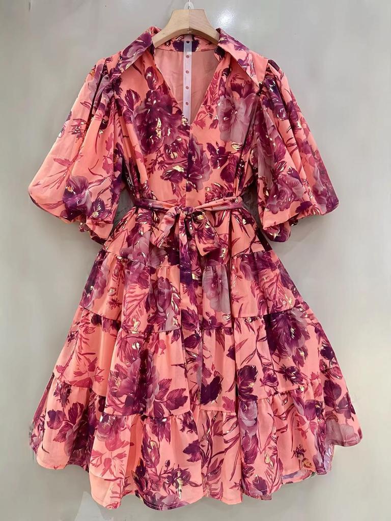 Elegant V-neck Puff Sleeve Belted Dress with Cinched Waist in New Style, Available Now