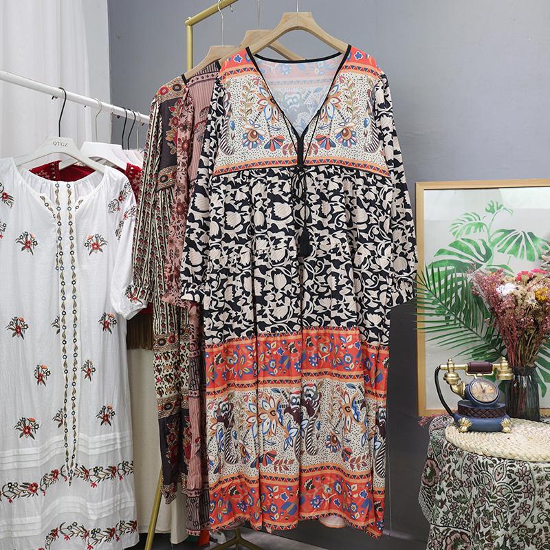 Dovolená Bohémský potisk Dlouhé šaty Jaro Podzim Retro Volné oblečení Elegantní Dlouhý rukáv Výstřih do V Šněrování Květinové Etnický styl Šaty