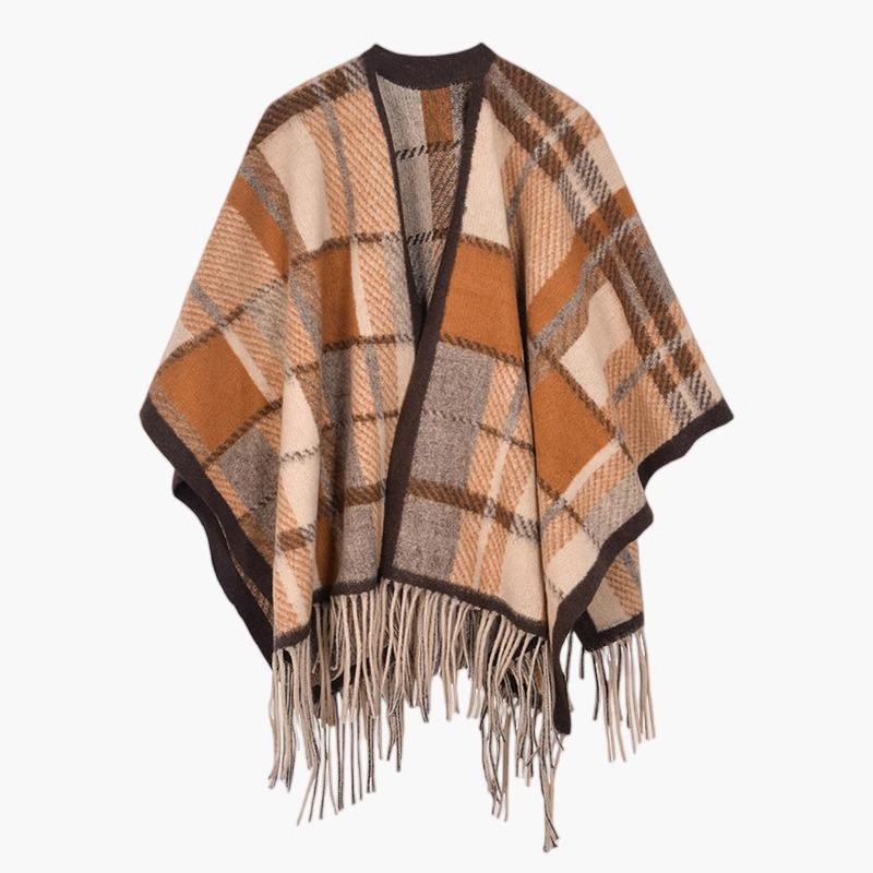 Korean Style Plaid Shawl Coat - Women's Spring/Autumn Cashmere-Feel Tassel Cloak