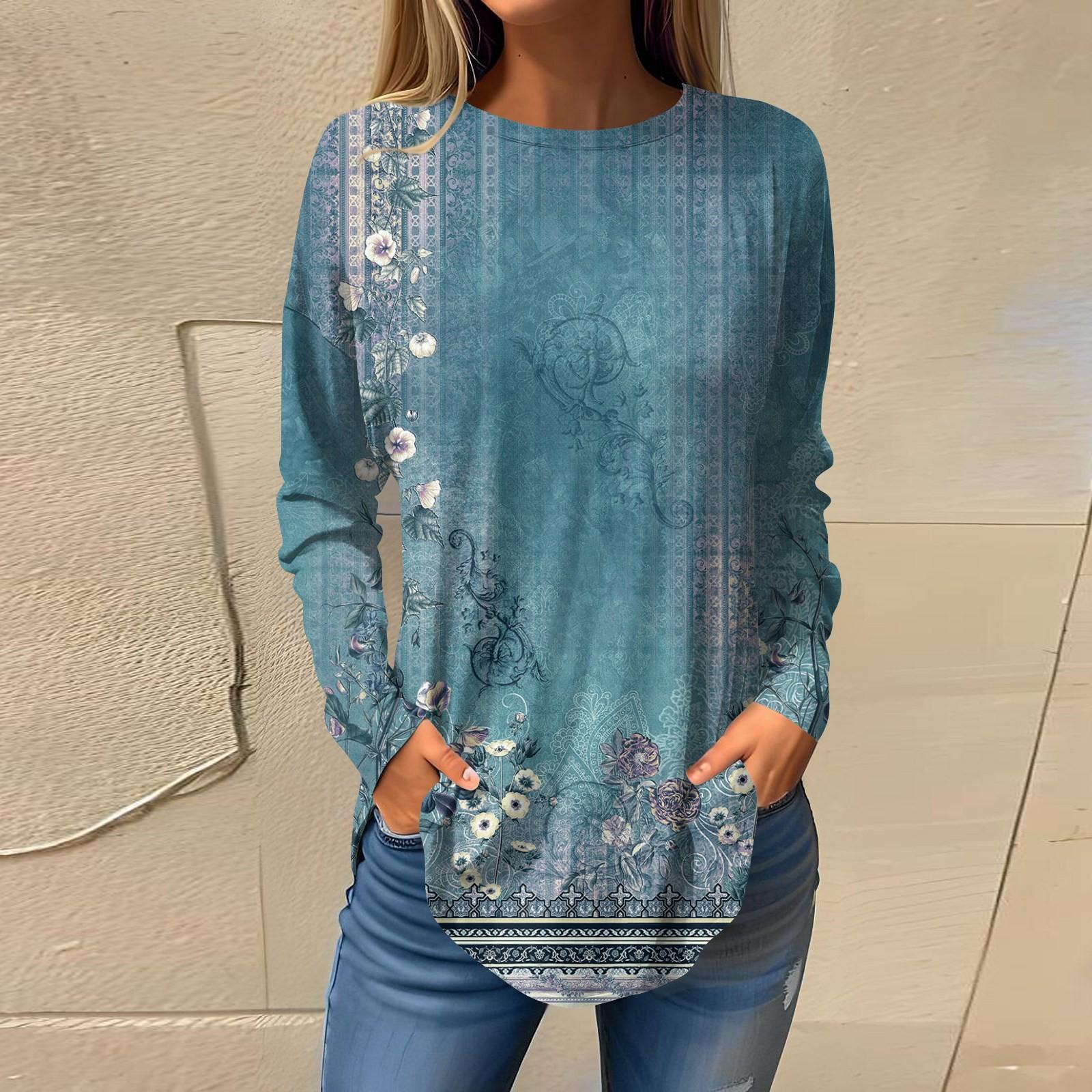 

Футболки для женщин, осенние повседневные рубашки с длинными рукавами, толстовка с ретро-принтом, топ, пуловер XXL