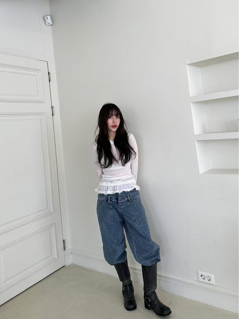Korean Style 2026 Spring/Autumn Lace Trim Sheer Long Sleeve Women's Top